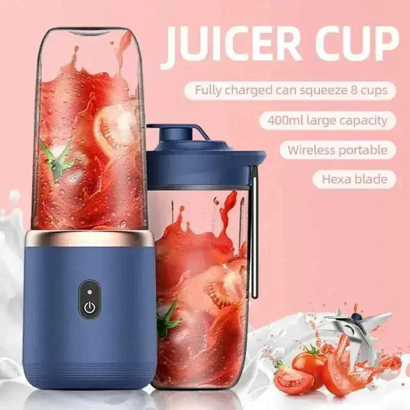 Close-up of six sharp stainless steel blades inside the blue portable juicer cup.