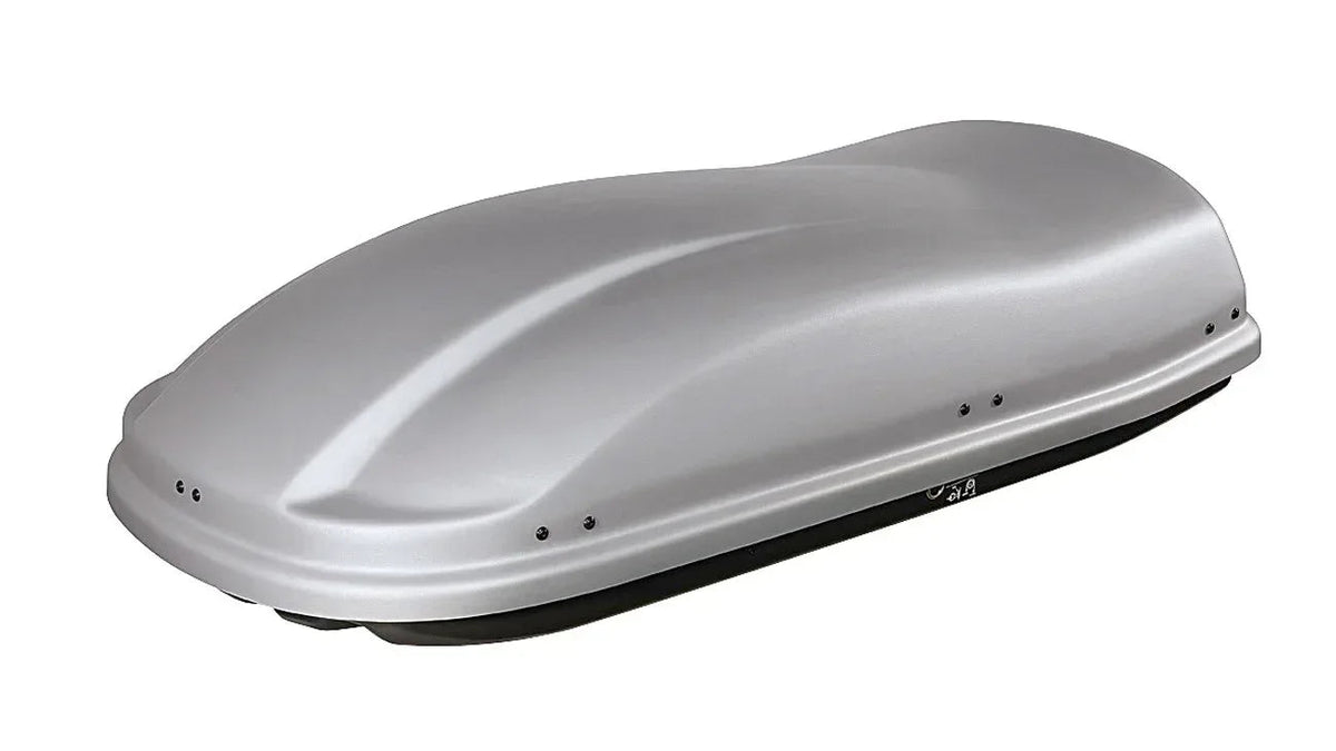 Farad Marlin 480L roof cargo box mounted on a car roof rack, showing aerodynamic double-opening design.