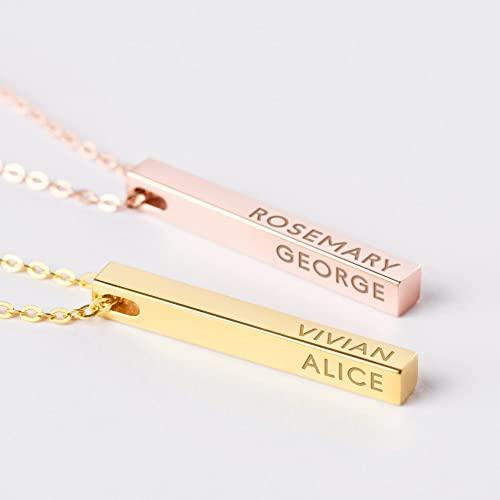 Close-up of personalized 4 side bar necklace with engraved names on each side.