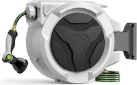 Wall-mounted retractable garden hose reel, 100 ft, with auto-rewind