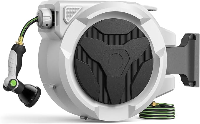 Wall-mounted retractable garden hose reel, 100 ft, with auto-rewind