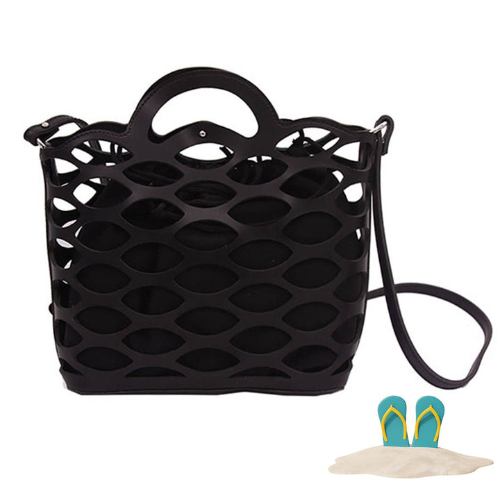 MEDIUM BEACH HAND BAG - beige beach tote with top handle, cut-out detail and button closure by Snagva