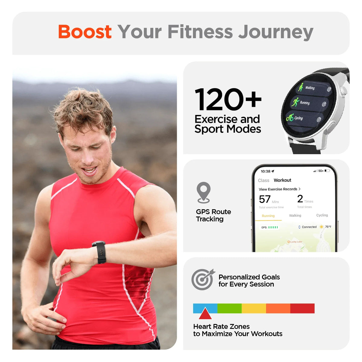 SmartWatch screen showing over 120 exercise modes available for fitness tracking.