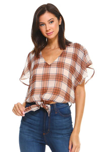 Back view of plaid tie-back blouse showing V-neck and flutter sleeves.