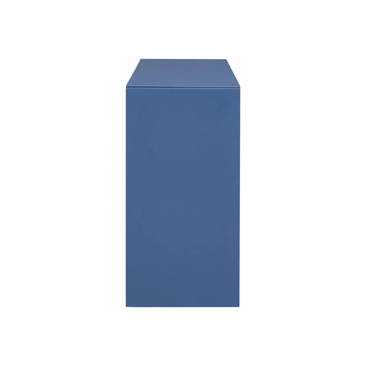 Side profile of navy blue entryway table highlighting slim legs and minimalist design