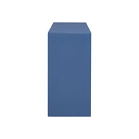 Side profile of navy blue entryway table highlighting slim legs and minimalist design