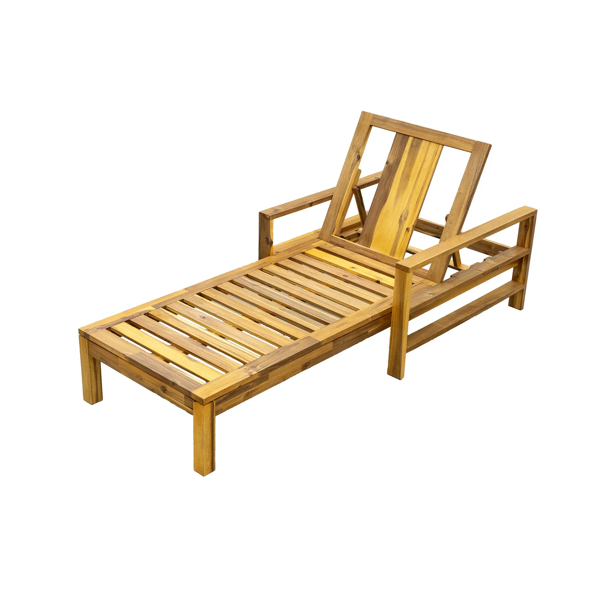 Top-down close-up of adjustable backrest mechanism on Acacia wood lounge chair.