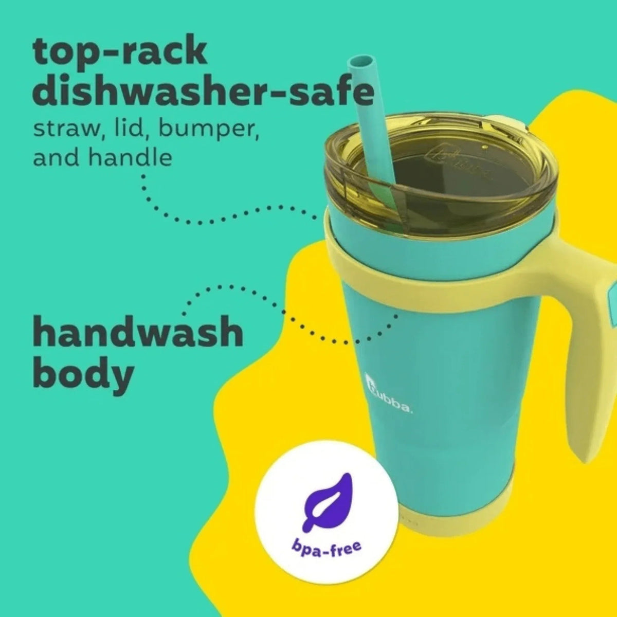 Bubba tumbler shown with colorful removable handle for easy carrying.