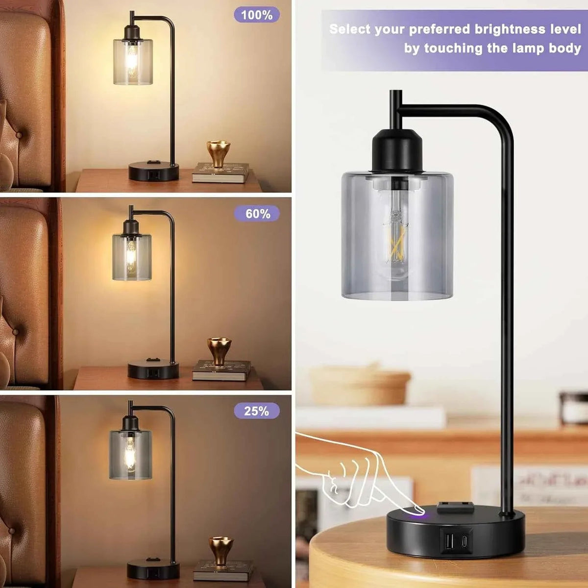 3-Way Dimmable USB Table Lamps With Gray Glass Shade Pair