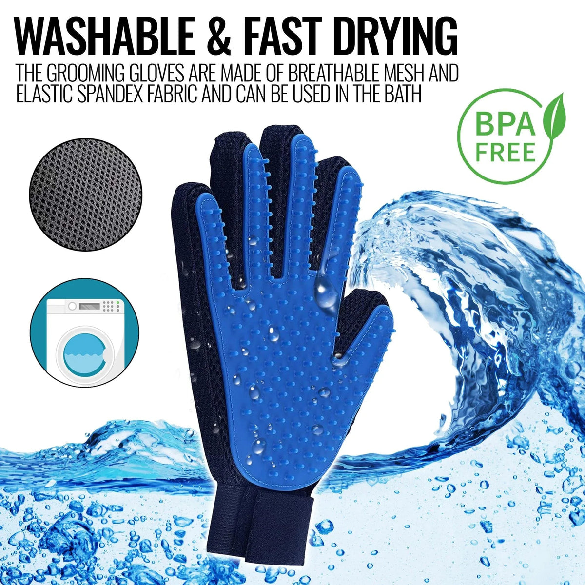 Multiple pet grooming gloves displayed with soft silicone tips for all hair types
