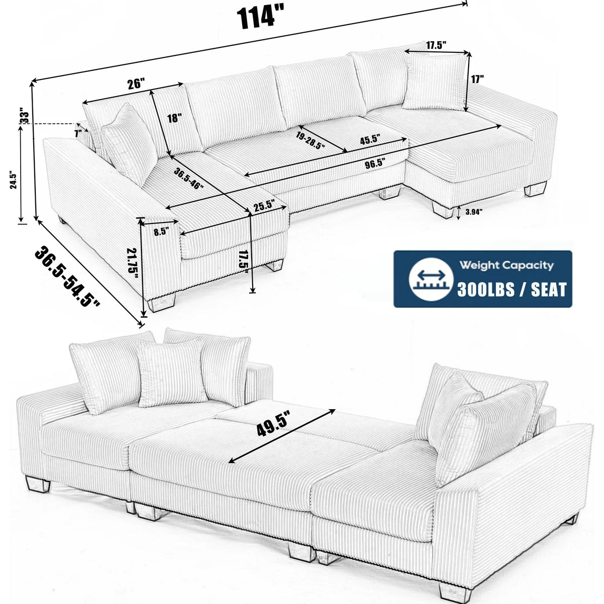 Modern black U-shaped sleeper sofa with plush corduroy upholstery, square arms, and pull-out bed, seats four.