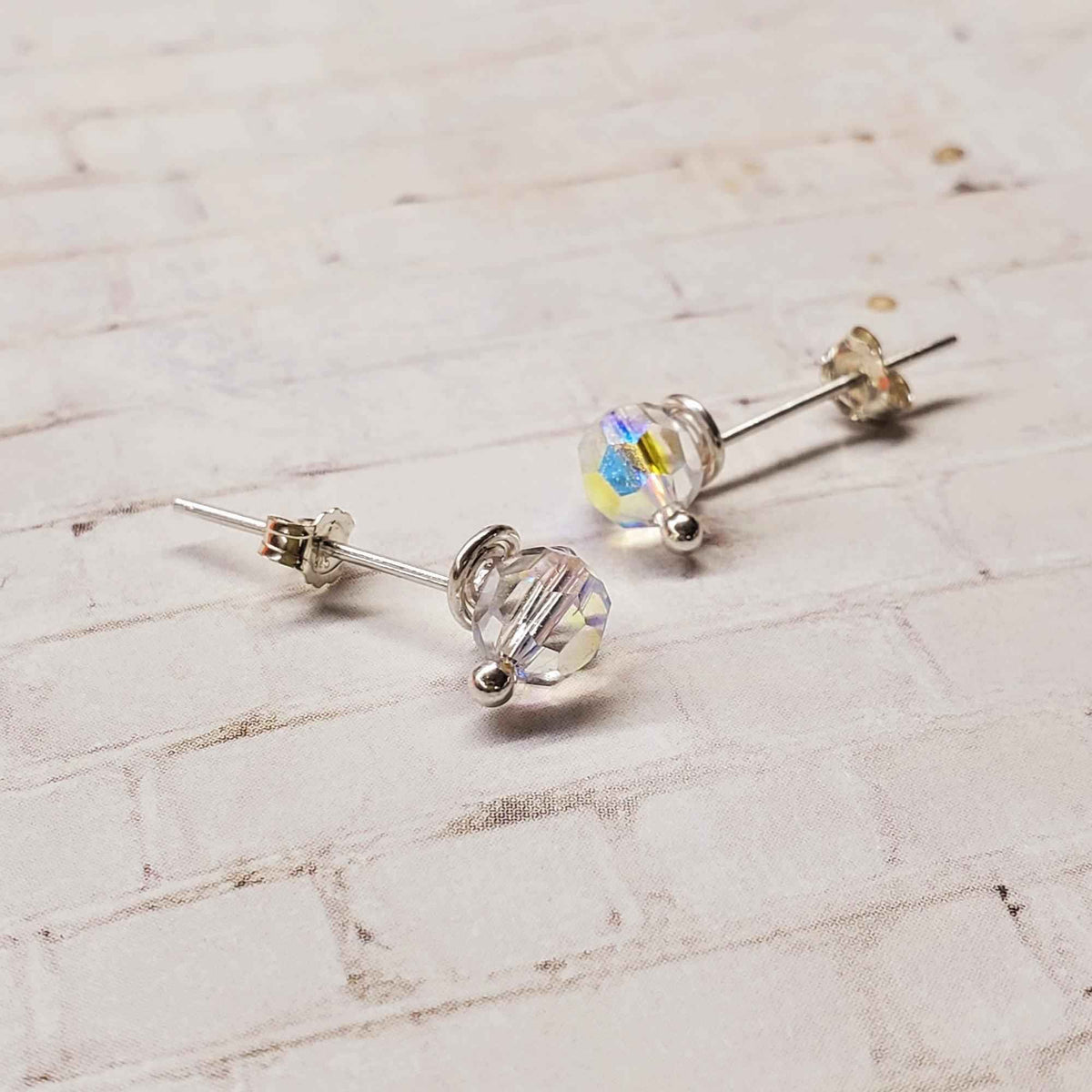 Handmade Sculpted 6mm Silver Spiral Crystal Stud Earrings