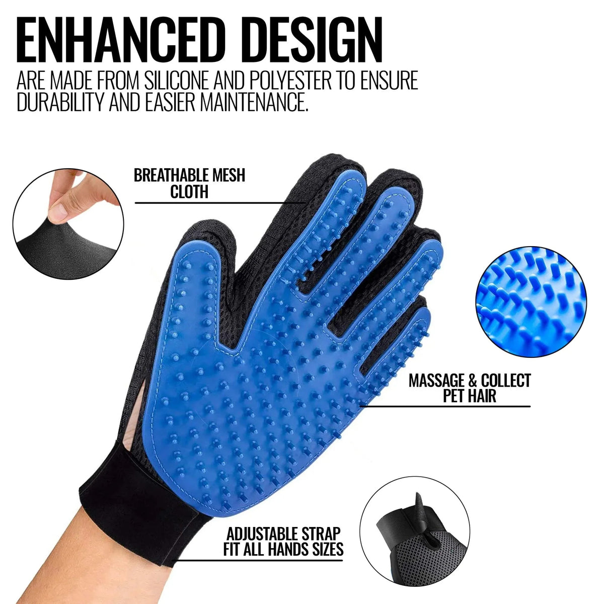 Pet grooming gloves shown flat with adjustable wrist strap for a secure fit