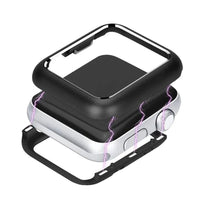Close-up of AMZER Armor Aluminum Magnetic Snap Case showing metal frame and tempered glass back for Apple Watch Series 4.