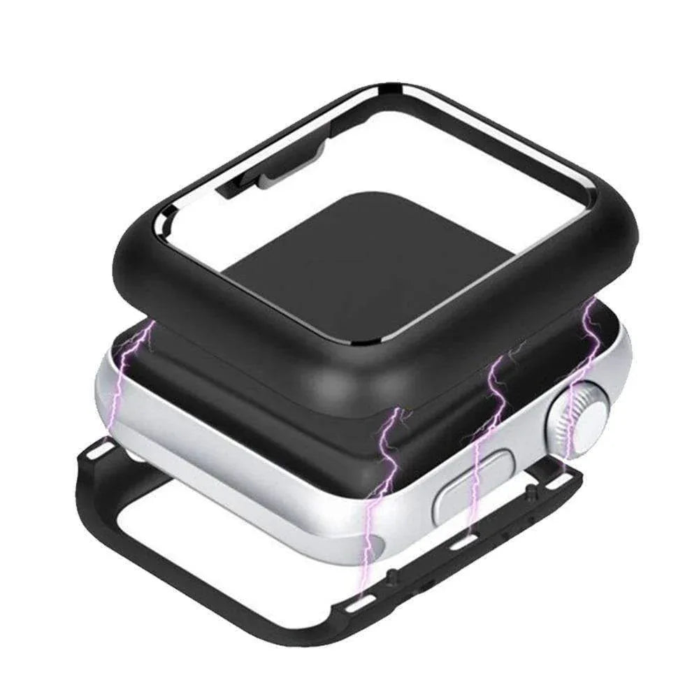 Close-up of AMZER Armor Aluminum Magnetic Snap Case showing metal frame and tempered glass back for Apple Watch Series 4.