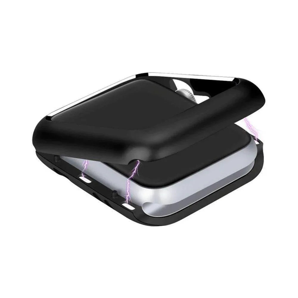 Side view of the magnetic snap case securely attached to Apple Watch, highlighting precise cutouts.