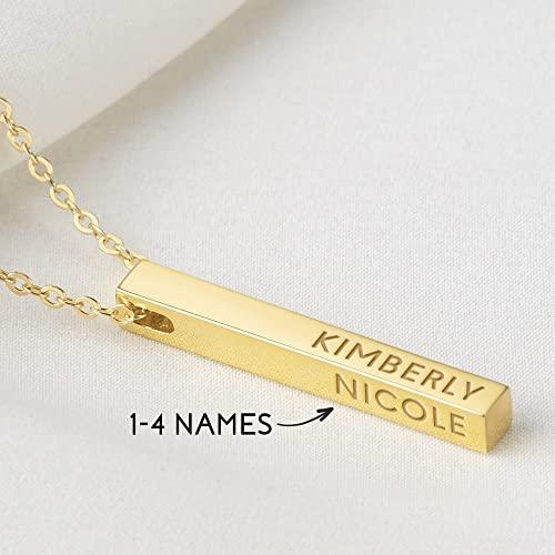 Silver vertical bar necklace with four customizable sides for engraving names or messages.
