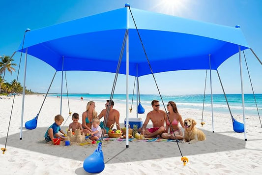 Hexagon beach canopy tent with UPF50+ sun protection and sandbags