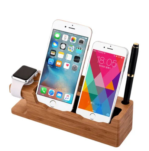 Isolated white background image of the bamboo dual phone and watch holder.