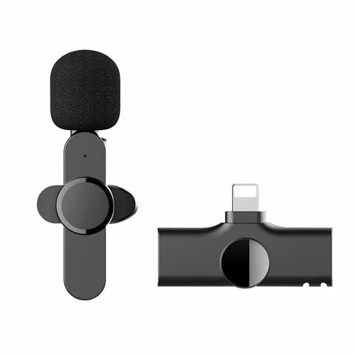 Black wireless lavalier microphone resting beside its high-end protective carrying case.