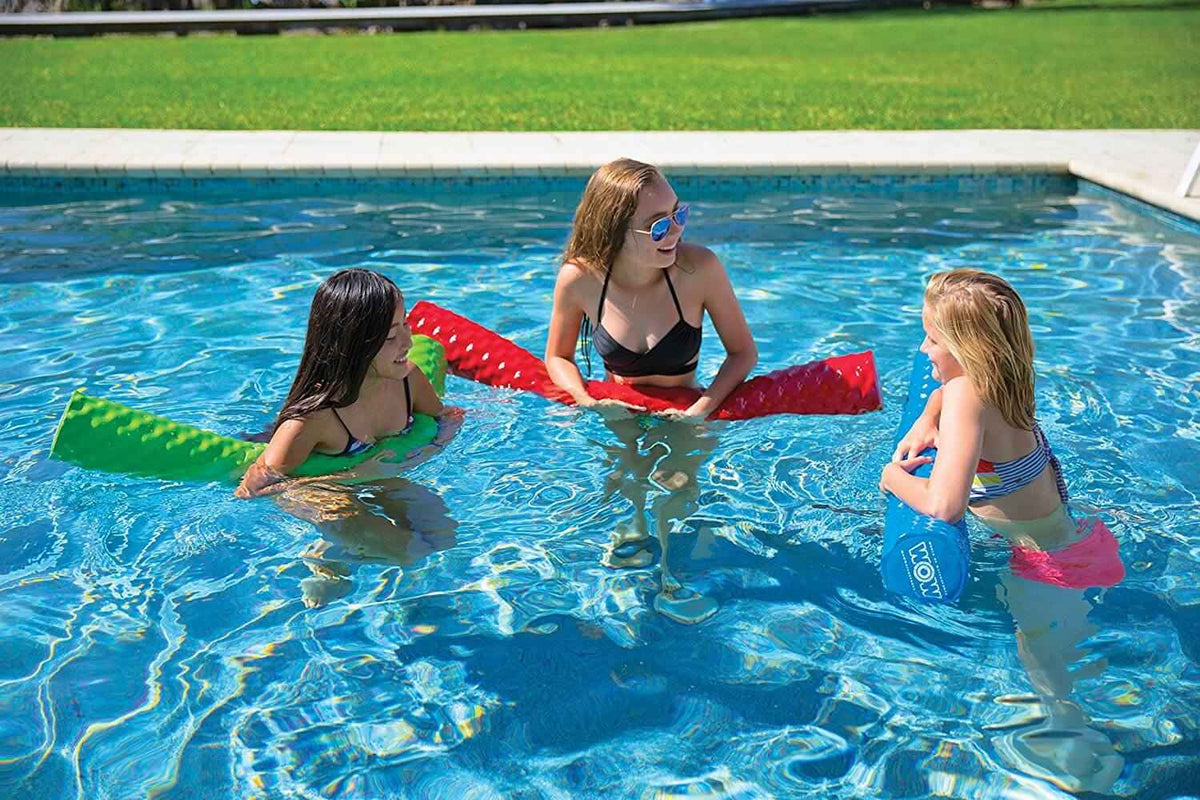 WOW Watersports lime green dipped foam pool noodle shown on white background.