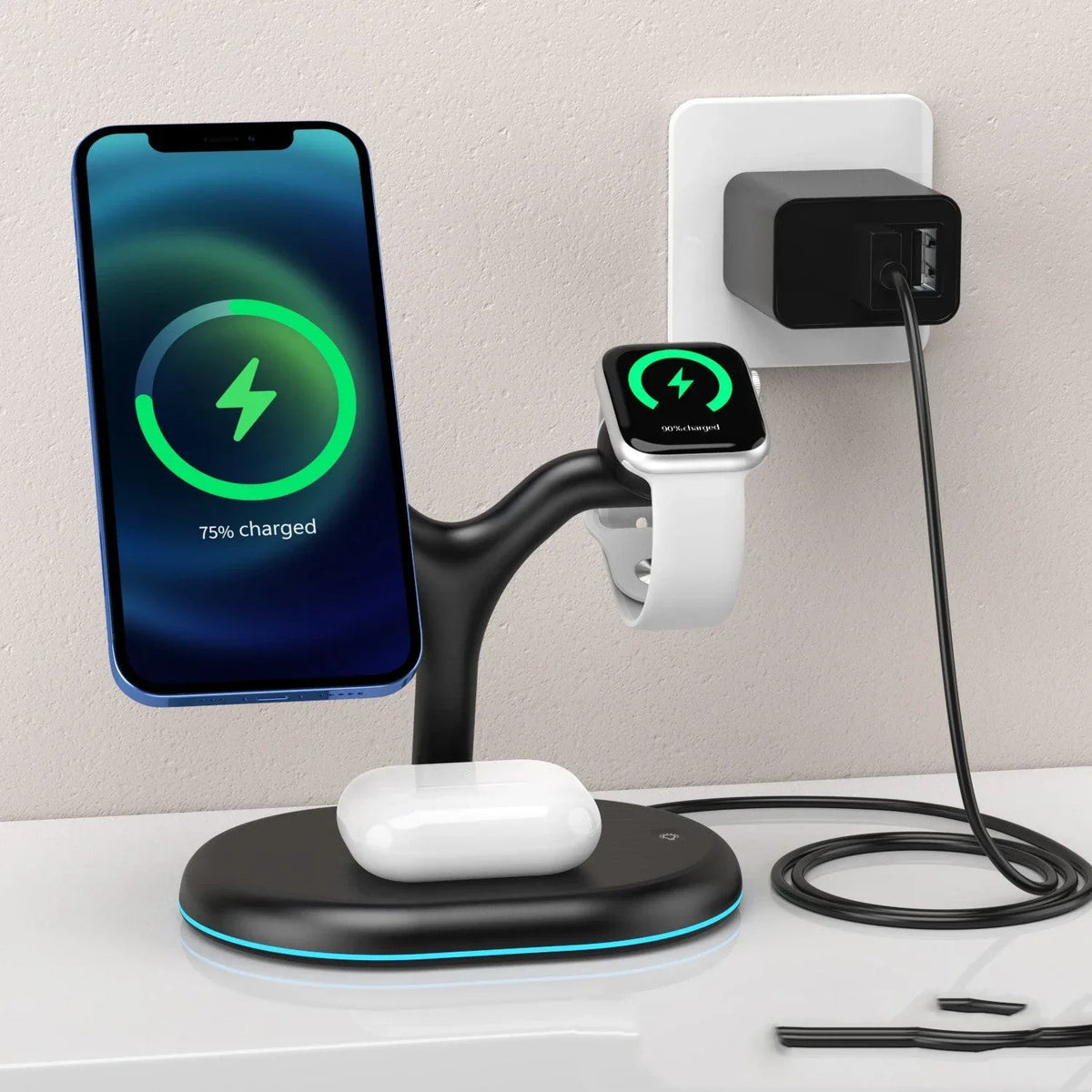 Black three-in-one wireless charger with magnetic phone, headset, and watch charging features on white background.