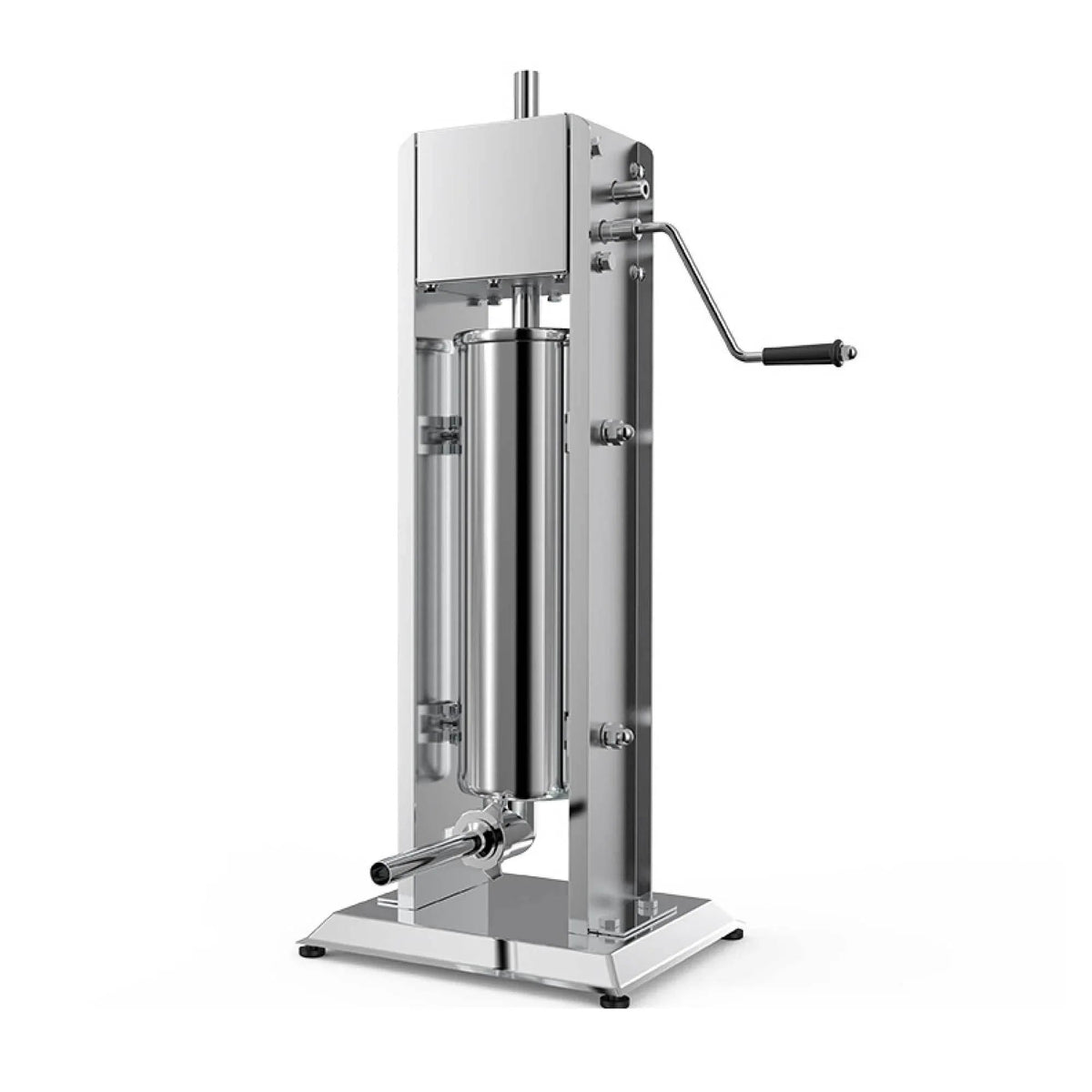 Stainless steel 7L manual vertical sausage filler with mounted base on a wooden surface.