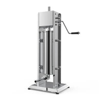 Stainless steel 7L manual vertical sausage filler with mounted base on a wooden surface.