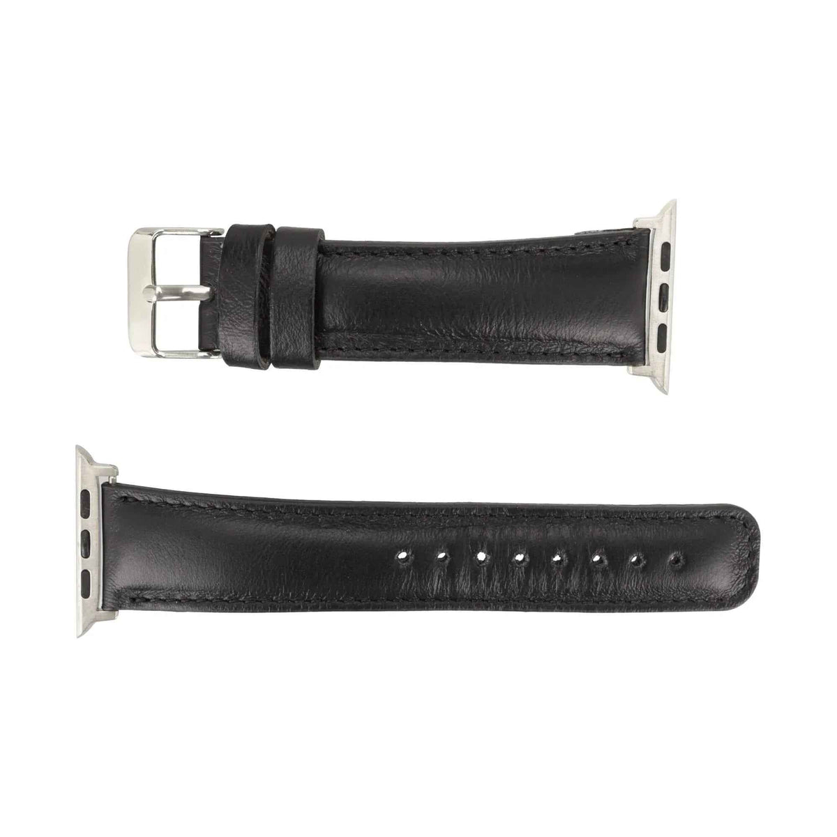Tan leather Apple Watch band displayed on wooden surface showing buckle and strap.