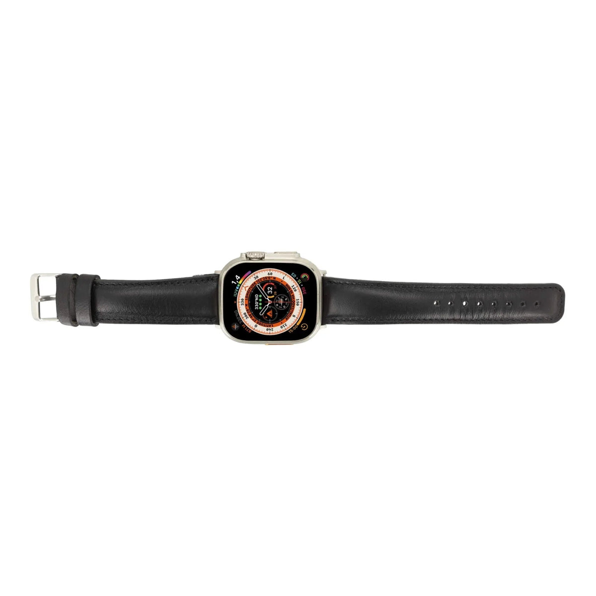 Close-up of artisan stitching tan leather Apple Watch band on wooden table.