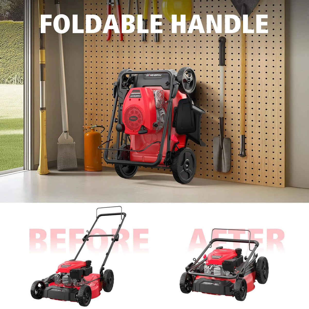 A red and black gas lawn mower with a sturdy steel deck, adjustable height, and side-discharge feature.