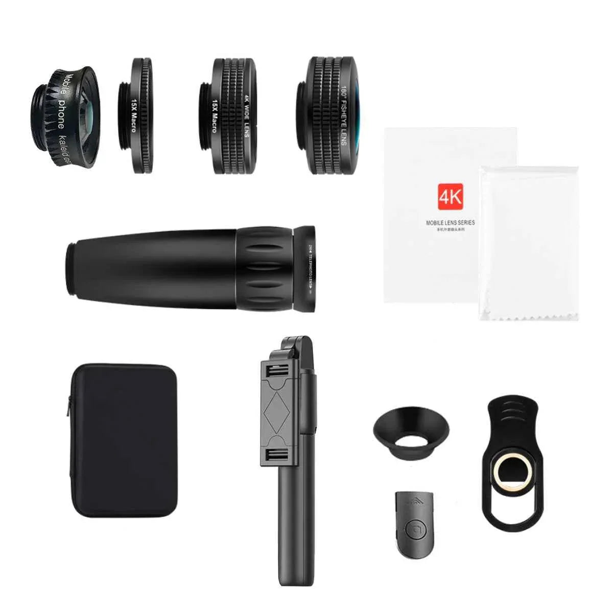 A 12-in-1 photography bundle with 4K camera, tripod, lenses, and accessories arranged neatly on a table.