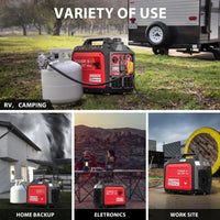 Portable inverter generator being carried by hand, highlighting lightweight design.