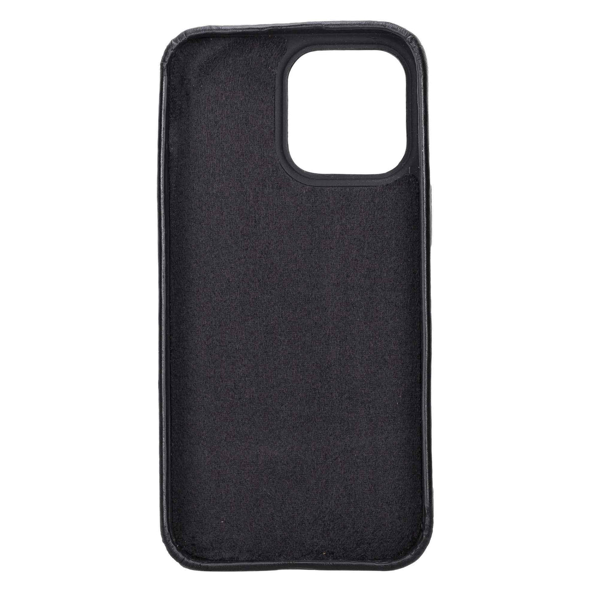 Leather iPhone 13 snap-on case showing precise cutouts for charging and speakers