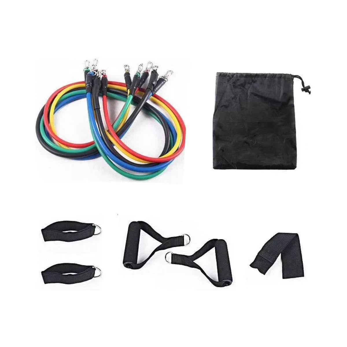 A set of colorful resistance bands with handles, ankle straps, and a door anchor for home workouts.