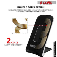 Wireless charging pad with glass top shown next to wireless earbuds and smartphone.