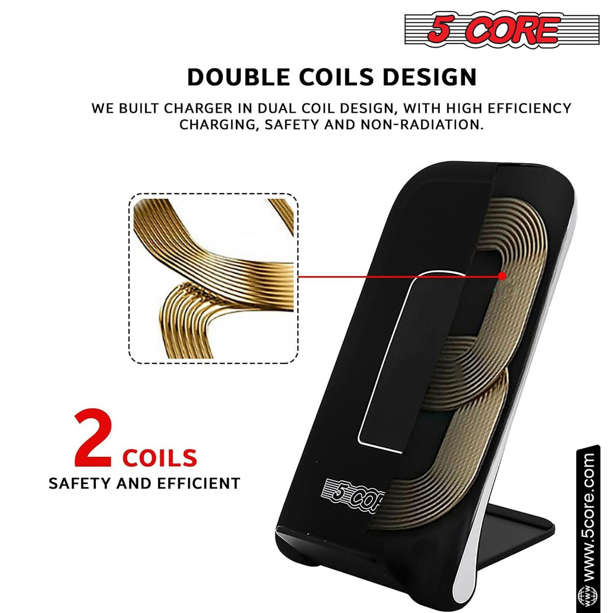 Wireless charging pad with glass top shown next to wireless earbuds and smartphone.