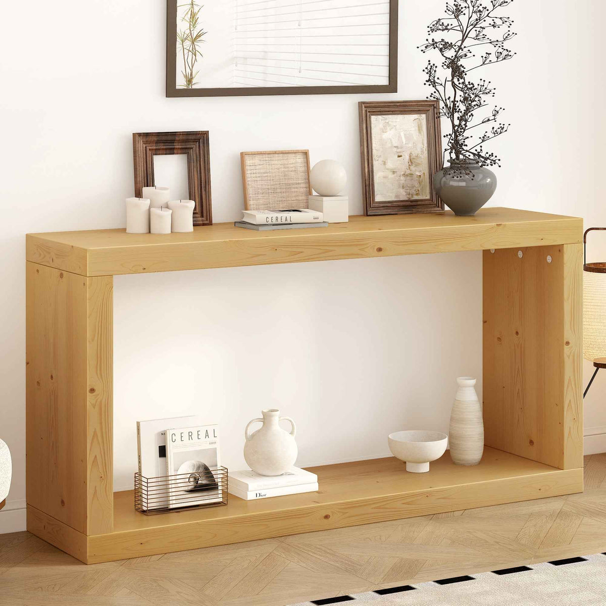 Square shaped modern minimalist entrance table with natural wood finish against white wall.
