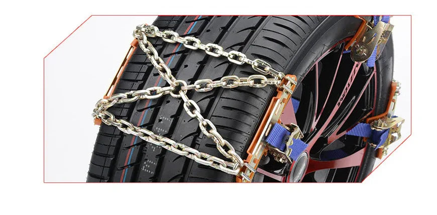 Close-up image of the adjustment lock mechanism on a snow and mud road tire chain.