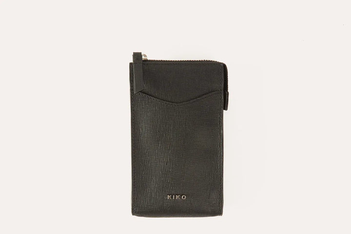 Genuine saffiano leather crossbody phone wallet with zip closure and slim profile in soft pink.