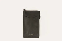 Overhead view of pink leather crossbody phone wallet with zipper partially open.