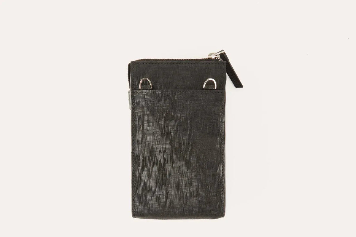 Close-up of two external sleeve pockets on the pink saffiano leather phone wallet.