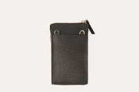 Close-up of two external sleeve pockets on the pink saffiano leather phone wallet.
