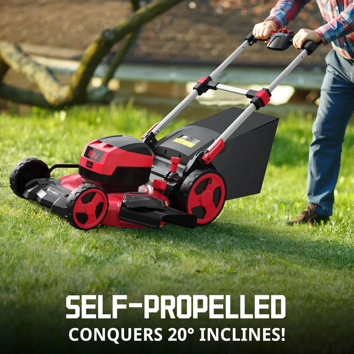 Red 80V brushless cordless self-propelled lawn mower on grass