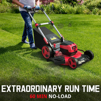 Front angle showing handle and deck of red cordless lawn mower