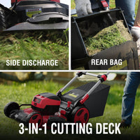 Push handle and control panel details on red cordless lawn mower