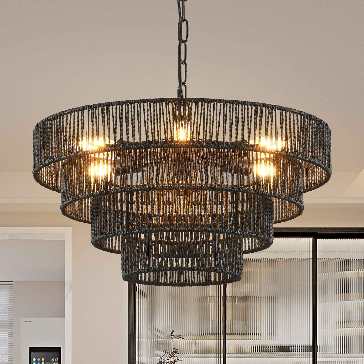 Rustic 4-Tier Black Hemp Rope Chandelier with 6 E12 Sockets, UL Listed