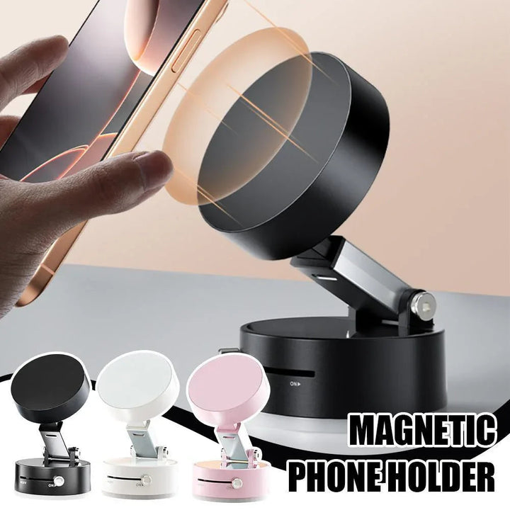 Foldable magnetic vacuum car phone holder displayed with suction cup on white background.