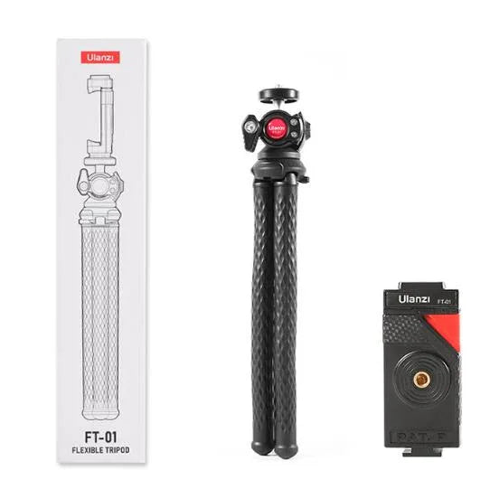 Black tripod with flexible legs gripping a smartphone, shown against white background.