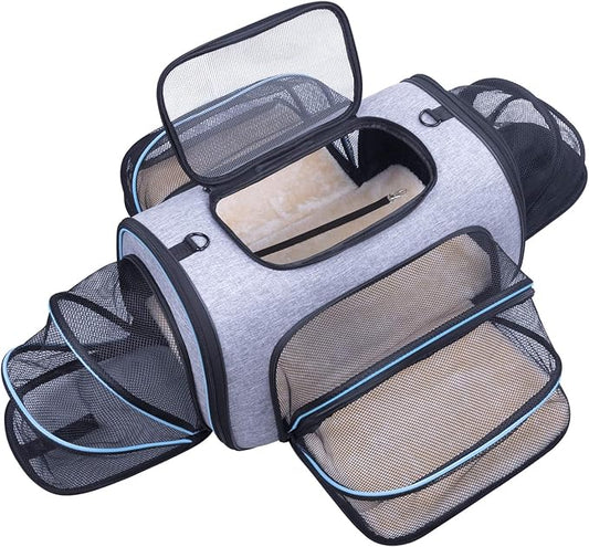 Soft-sided pet travel carrier with 4-side mesh expansion, airline approved